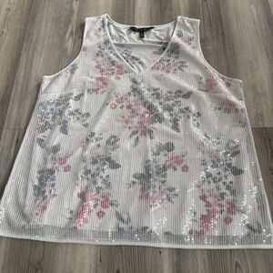 White House Black Market Sequin Overlay Romantic Cottagecore Floral Blouse XL